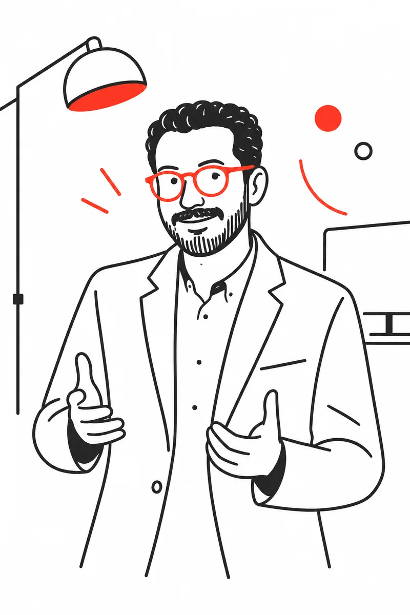 Ilustración de LuisGyG explicando con las manos abiertas